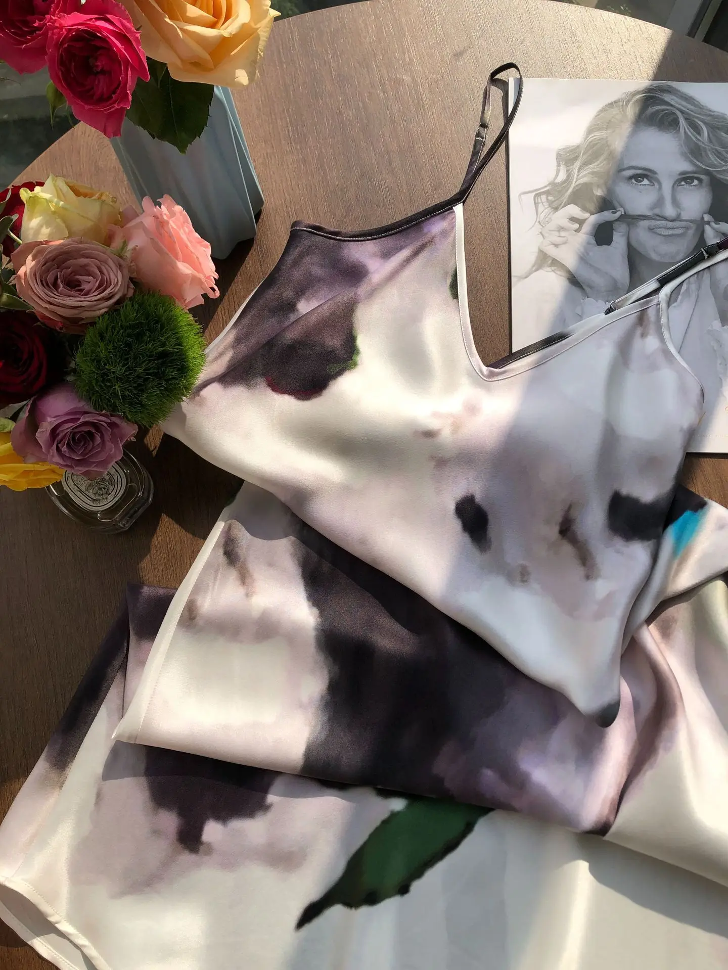 BirdTree 19MM 100% Mulberry Silk Ink Wash Print Dress,Woman Sand Wash Plain Satin Bias-cut Slip Dresses,2025 New D58108JF