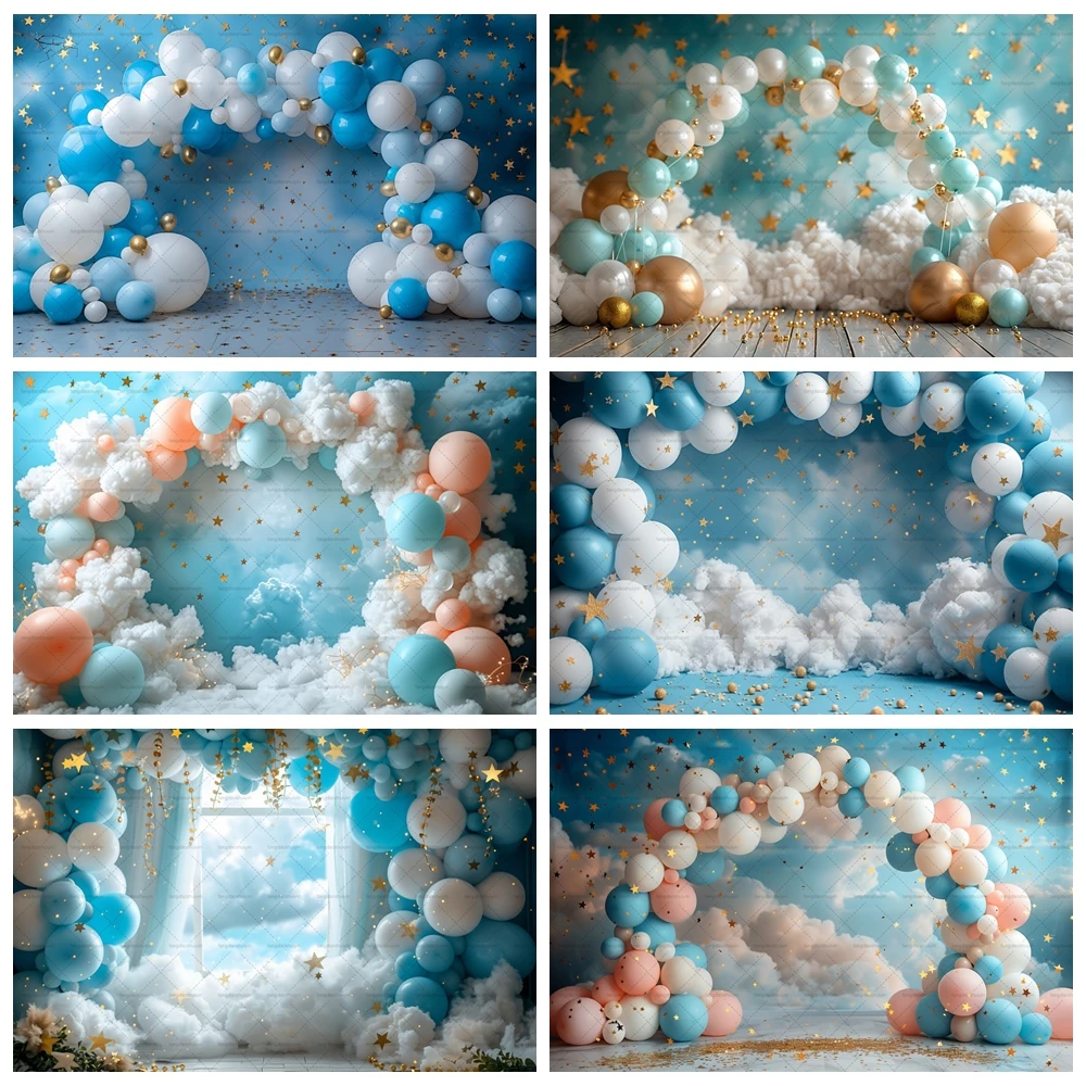 

Blue Sky Clouds Hot Air Balloons Background for Photography Props Baby Shower Cake Smash Boy 1st Birthday Backdrop Banner