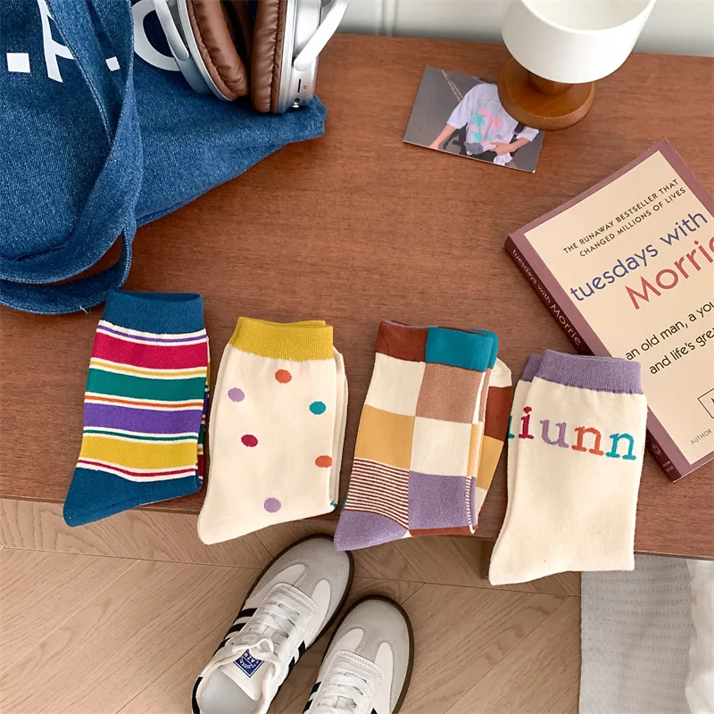 

Women's Socks Cotton Vintage Harajuku Street Spring Autumn Girl Winter Polka Dot Striped Plaid Japanese Style Short Crew Socks