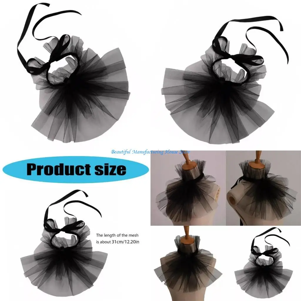 

E56A Colonial Victorian Black Ruffled Jabot Faux Collar with Ties Neck Ruff for Fancy Dress and Cosplay Costume Accessories