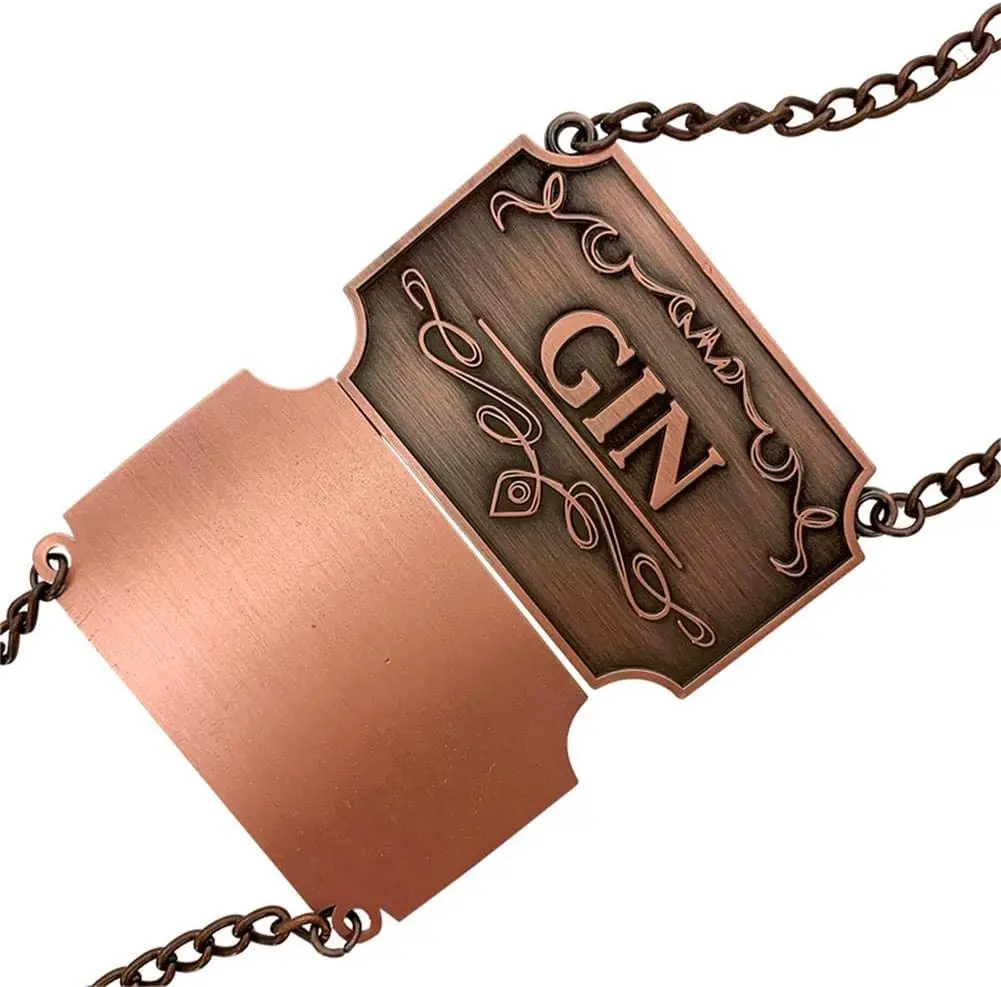 Zinc-Copper Alloy Liquor Decanter Tags Labels Set of Eight with Adjustable Chain Fits Most Bottles Copper Marking Labels