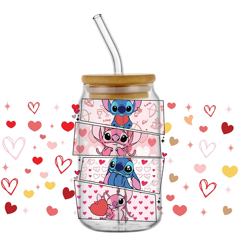 MINISO Cartoon Love Designs 3D Waterproof UV DTF Cup Wrap for 16oz Libby Cartoon Stitch Glass Can DIY Transfer Sticker