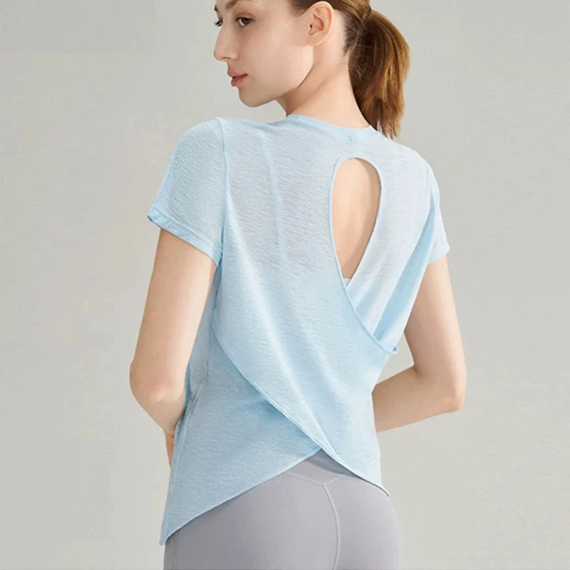 Smvp Women's Backless Hollow Cross Thin Mesh Yoga T-Shirt Short Sleeved Slimming Fitness Cover Shirt 2025 New Arrival