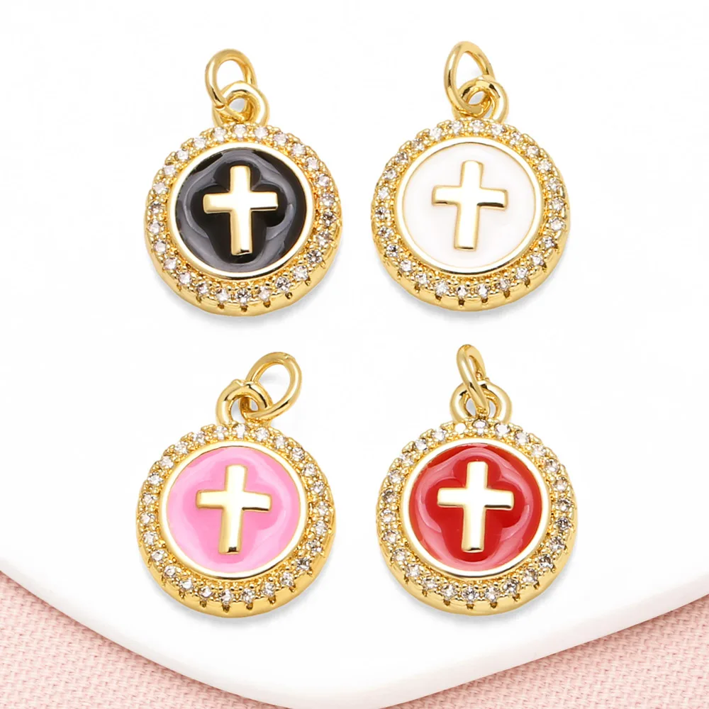 OCESRIO Multicolor Enamel Small Cross Charms for Bracelet Copper Round Keychain Purse Charm Jewelry Making Supplies chma503