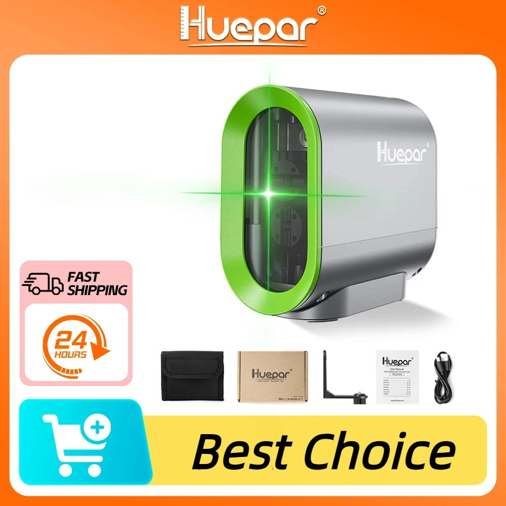 Huepar-Nivel láser, herramienta de nivelación 3D de 2 líneas, nivelado automático, 360, cruce de rayos Horizontal y Vertical, rayo láser verde con