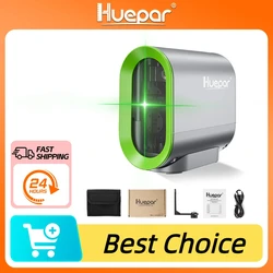 Huepar-Nivel láser, herramienta de nivelación 3D de 2 líneas, nivelado automático, 360, cruce de rayos Horizontal y Vertical, rayo láser verde con batería de iones de litio