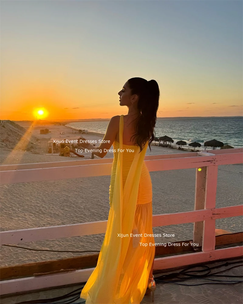 Xijun Baby Yellow Chiffon Evening Dresses Ruched Elegant Prom Dresses Pleated Side Slit Backless Beach Prom Gowns Saudi Arabric