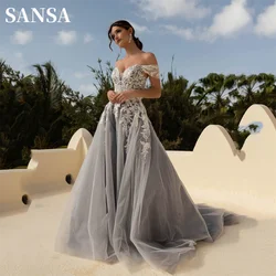 Sansa Silver Lace Embroidery Prom Dress Sexy Off Shoulder A-line Vestidos De Noche Elegant Sleeveless Lace-up Wedding Dresses