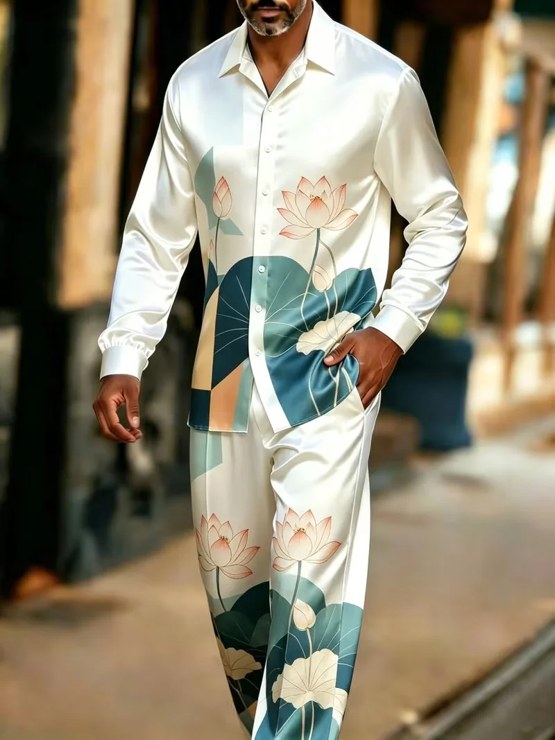 New brown rice gold checkerboard long sleeved set, retro light luxury men's shirt long pants two-piece set view 4