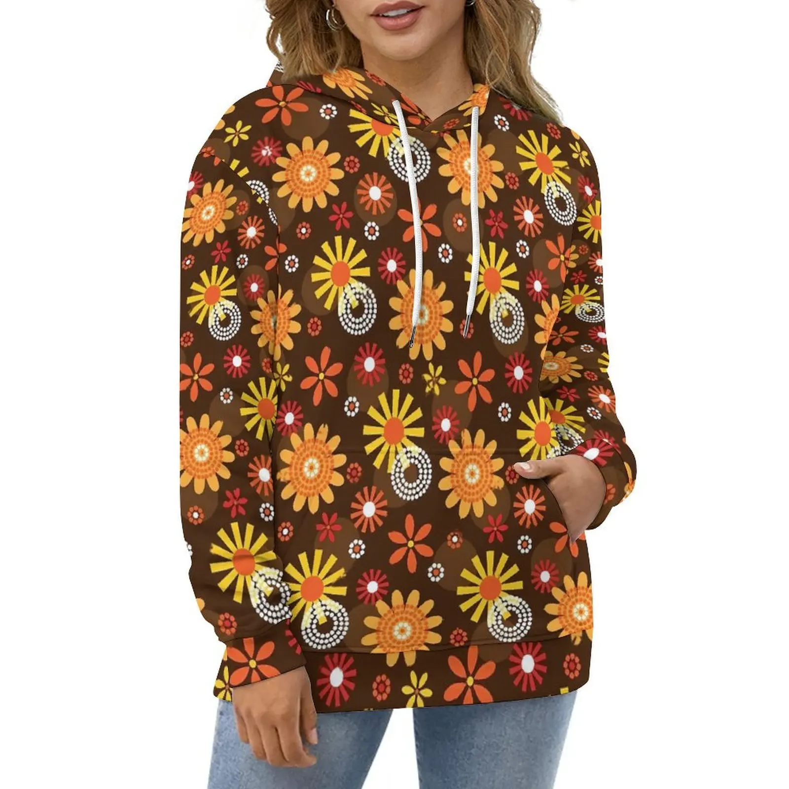 Retro Boho Floral Casual Hoodies Flower Print Trendy Hoodie Women Long Sleeve Hip Hop Design Loose Oversized Hooded Sweatshirts