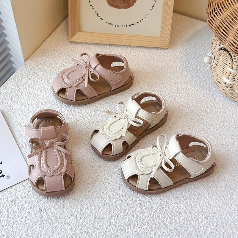 Summer Girl's Princess Shoe Bowtie Cover Toe Hook-loop Cute Kid's Flat Shoe Solid Colors Anti-slip Stylish Children Shoe 4-6Y