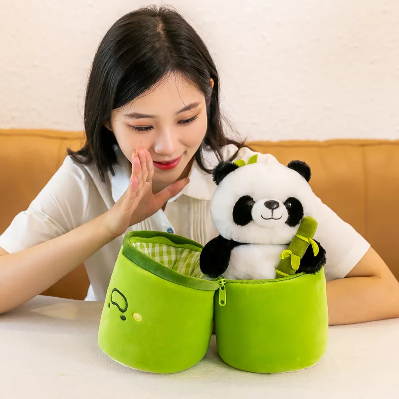 25CM Kawaii Bamboo Tube Panda Set Plush Pillow Doll Toy Cute Plushies Stuffed Animal Soft Hugging Kid Birthday Christmas Gift