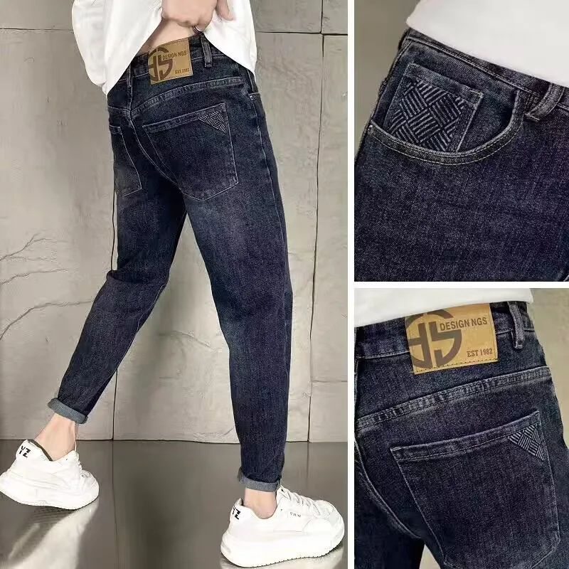 

2025 Man Pants Fashion Soild Blue Classical Small Foot Jeans Streetwear Biker Skinny Stretch Blue Cacual Long Denim Trousers