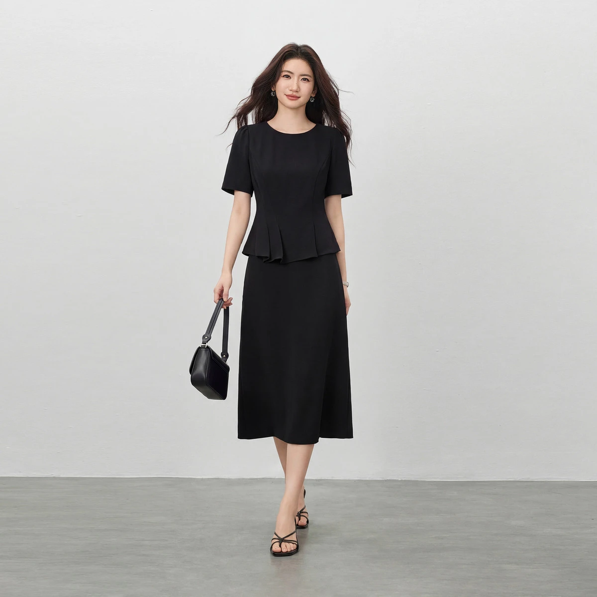

SENTUBILA Women's Elegant Skirt Set Asymmetrical Pleated Short Sleeve Top High Waist Straight Skirt 2 Piece Outfit 162ZA6242X