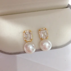 ZHBORUINI 2024 14K gold plated Natural Pearl Earrings Square Zircon S925 Silver Ear Needle Stud Earrings For Women Jewelry Gift