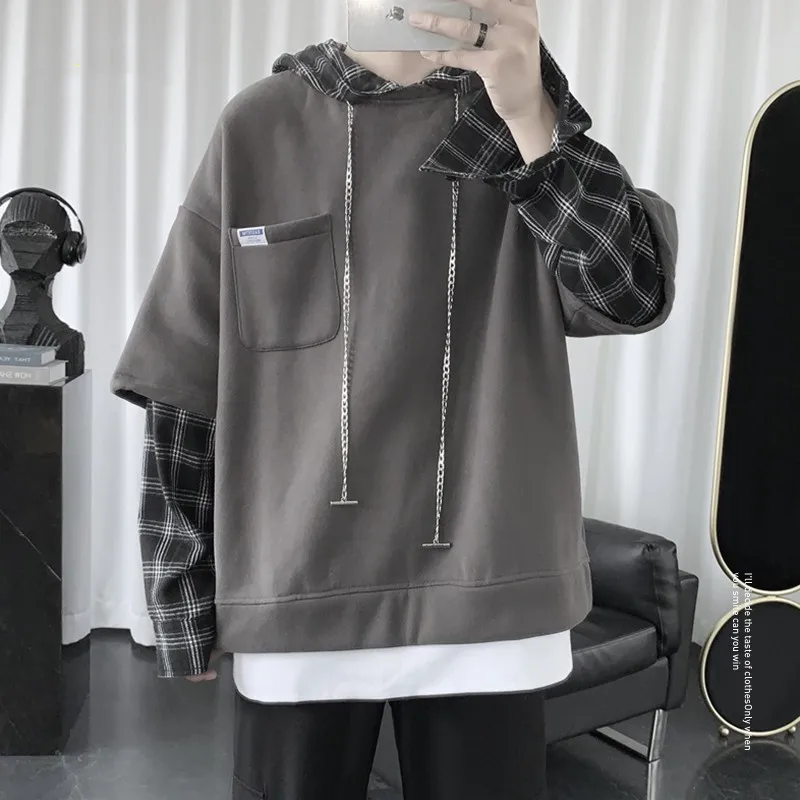 

Hoodie Men's Hooded Spring And Autumn 2023 New Tidal Current Top Loose Fake Two Coats Gray Black