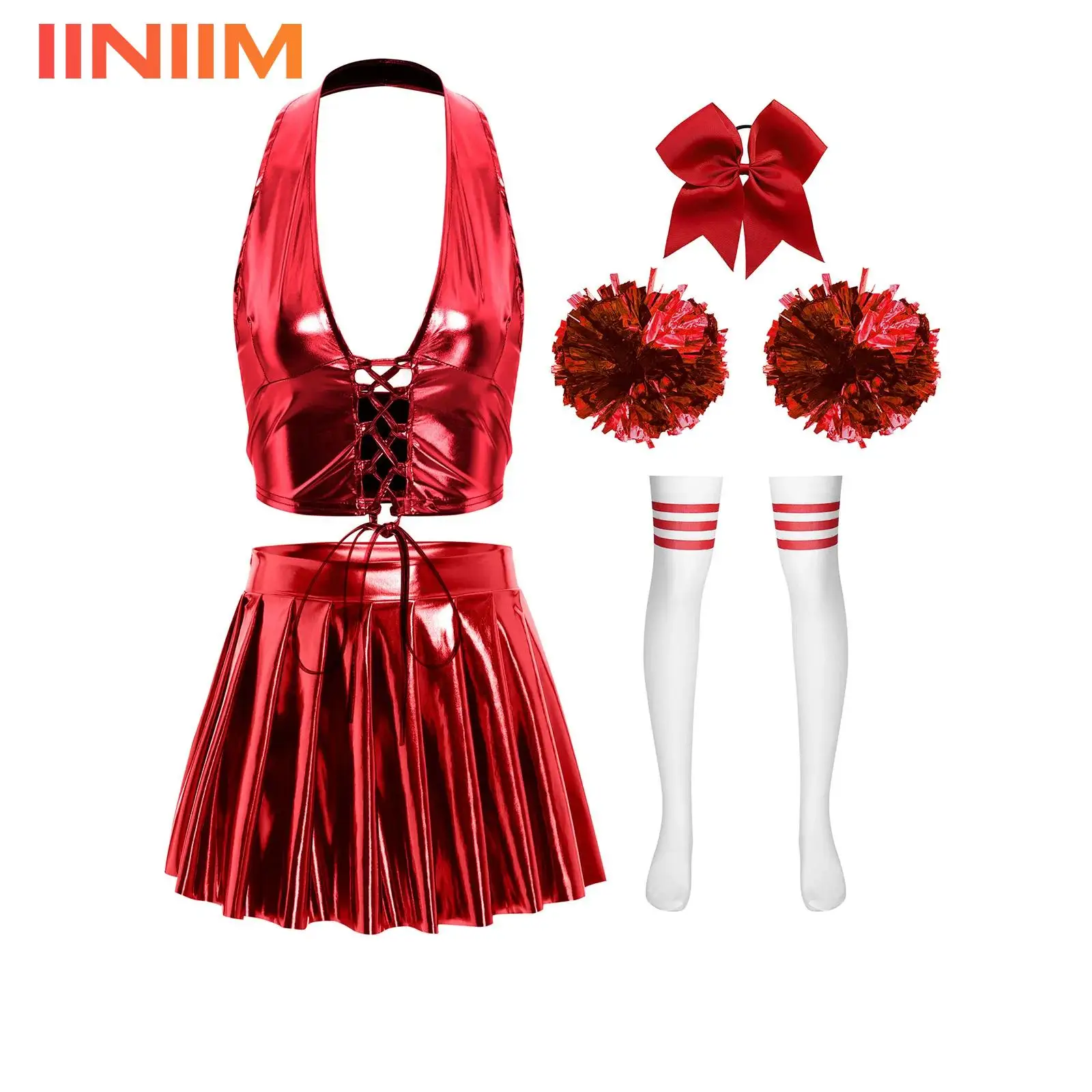 

Женский костюм болельщика, униформа черлидинга на Хэллоуин, современный танцевальный наряд на шнуровке, укороченный топ с лямкой на шее, плиссированная мини-юбка