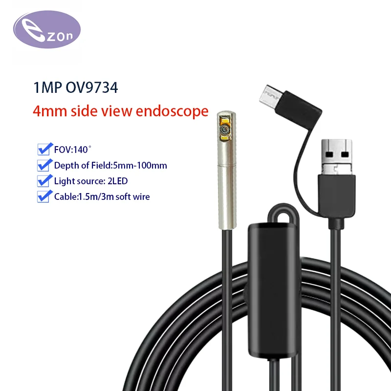 

1MP 4mm Side View Wide Angle Endoscope Camera FOV140゜ Macro USB Endoscope Probe