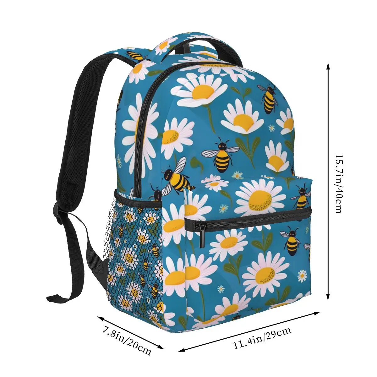 Cartoon Bee And Daisy In Blue Background Student Backpack School Bag Hiking Travel Daypack for Boys Girls Bookbag Shoulder Bags