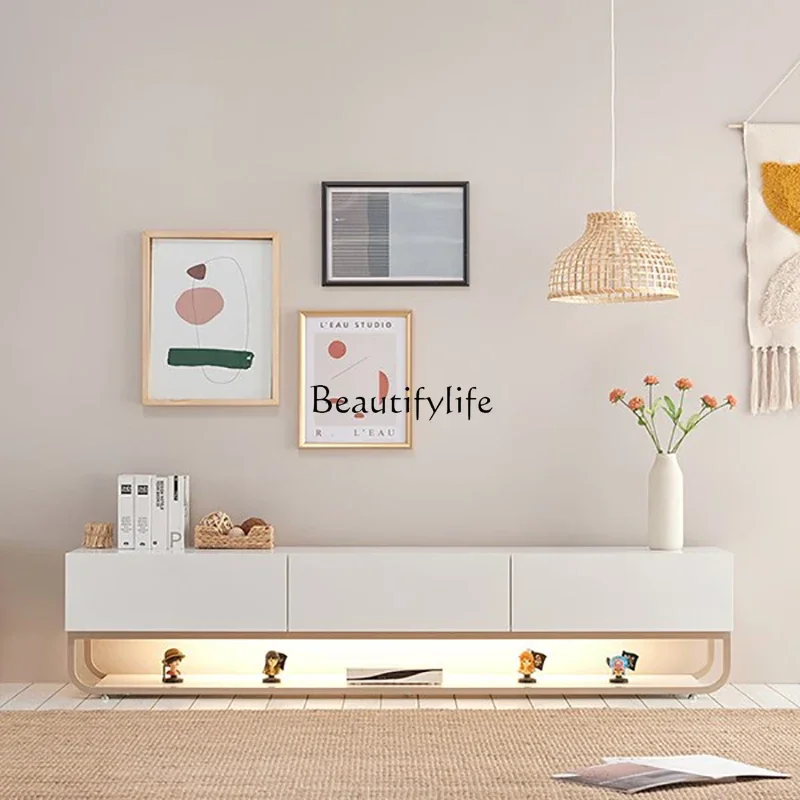 

z.Simple Modern TV Cabinet with Light and Drawer, Small Apartment Cream Style Solid Wood Floor Cabinet