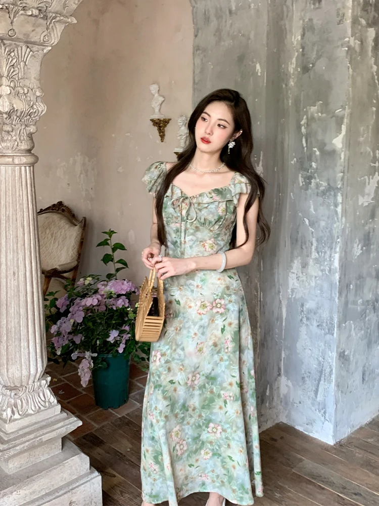 

Новое летнее женское платье ZHU с цветочным принтом, V-образным вырезом и поясом, А-силуэт, из полиэстера, с коротким рукавом, длинное, во французском стиле