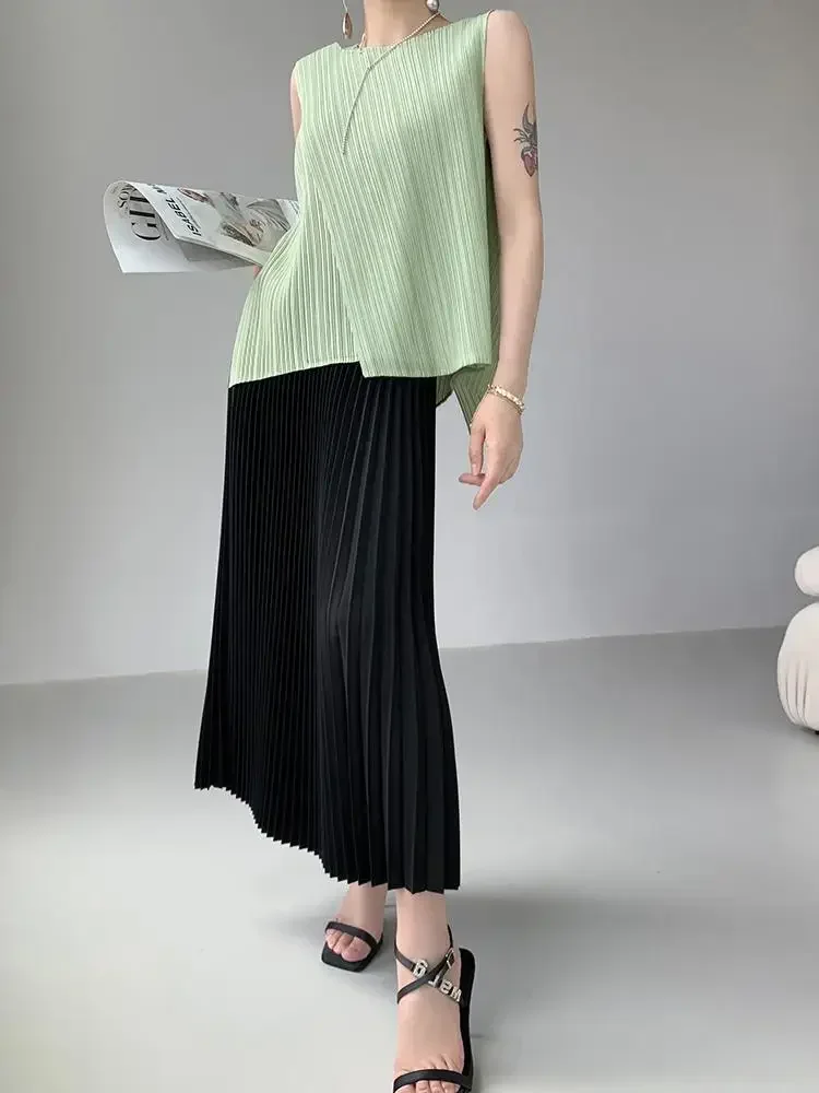 Elegante cintura alta saias longas para mulheres cintura elástica 2025 outono coreia moda saia plissada senhoras soltas saia linha a