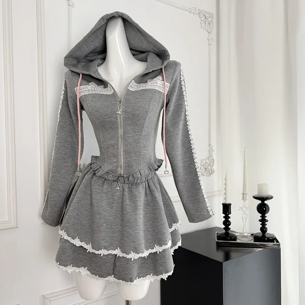 Japanese Y2k Elegant New 2 Piece Sets Women Gray Hooded Design Harajuku Mini Skirt Suit Female Bow Korea Style Chic Set Autumn