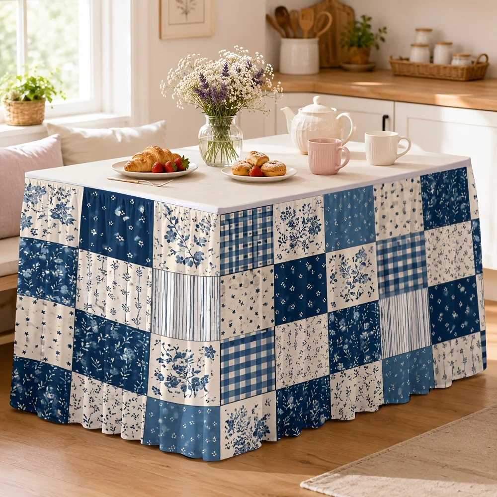 1 tablecloth table skirt, blue and white spliced floral plaid striped pattern