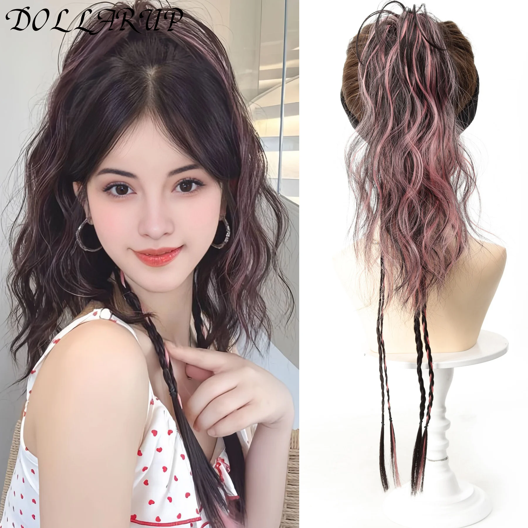 

DOLLARUP Synthetic Ponytail Wig Pink Blue Highlighted High Ponytail Simulation hair Half Tied Curly Hair Trendy Hot Girl Hairsty