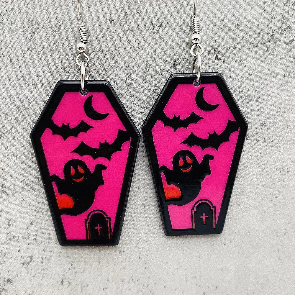 New Halloween Shiny Earrings Coffin Ghost Bat Palm Spider Acrylic Earrings Halloween Decorative Gift