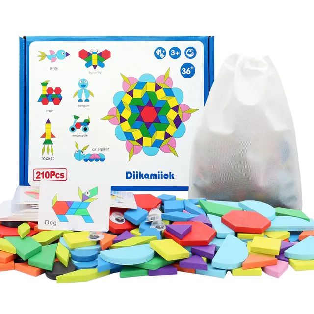 210-częściowy zestaw drewnianych puzzli 3D Geometryczny kształt Tangram Jigsaw Gry Montessori Zabawki edukacyjne dla dzieci z 30 kartami