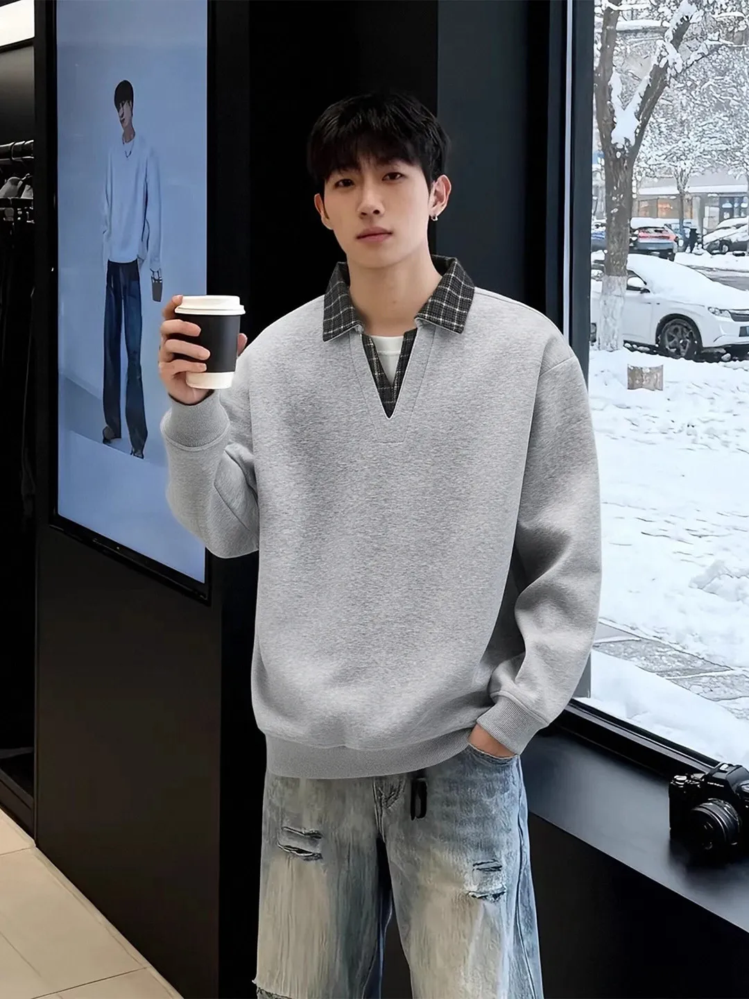 

Мужская толстовка с воротником в горошек, имитация двухслойной футболки с длинным рукавом, для весны и осени