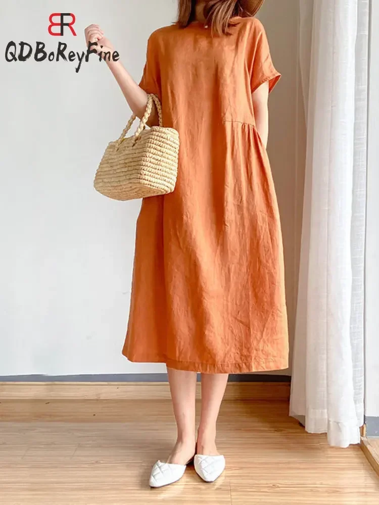 Summer Women Dress Casual Loose Short Sleeve A-LINE Oversize Solid Midi Dress Cotton Linen Dresses for Women Vestidos De Mujer