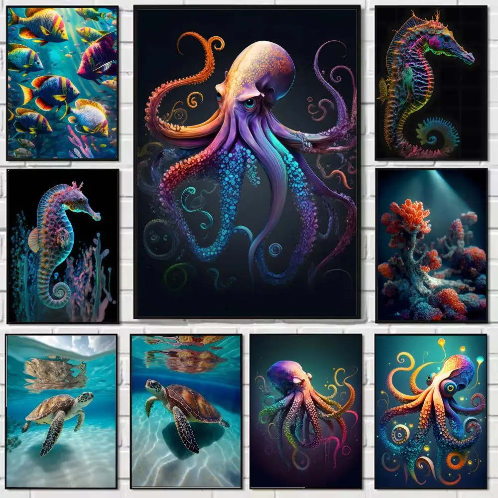Póster de pulpos de tortuga marina de la vida del océano, pegatinas decorativas para pared, Mural, impresión fotográfica para decoración del pasillo, sala de estar y hogar