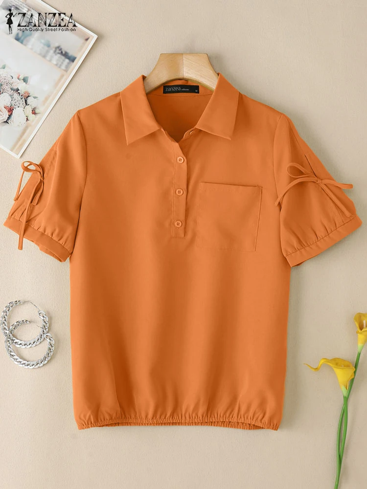 

ZANZEA 2025 Summer Lace-Up Blouses Casual Solid Color Short Puff Sleeve Street Fashion Tops Women Lapel Neck Commuting Shirts