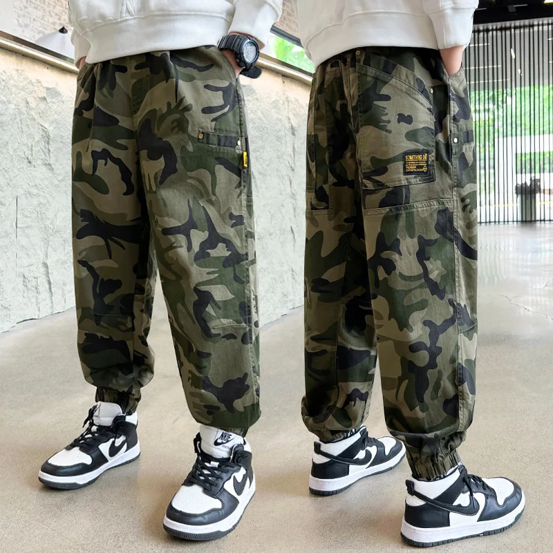 Boys Camo Pants Spring Autumn Kids Casual Trousers Children Cotton Multi-Pocket Baggy Streetwear Hip Hop Military Tactical Pants