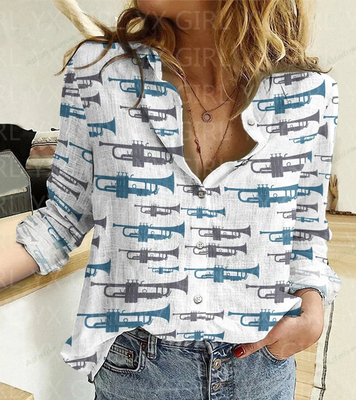 Women's Trumpet Printed Casual Shirt 3D Printed Button-down Shirt Casual Unique Streewear