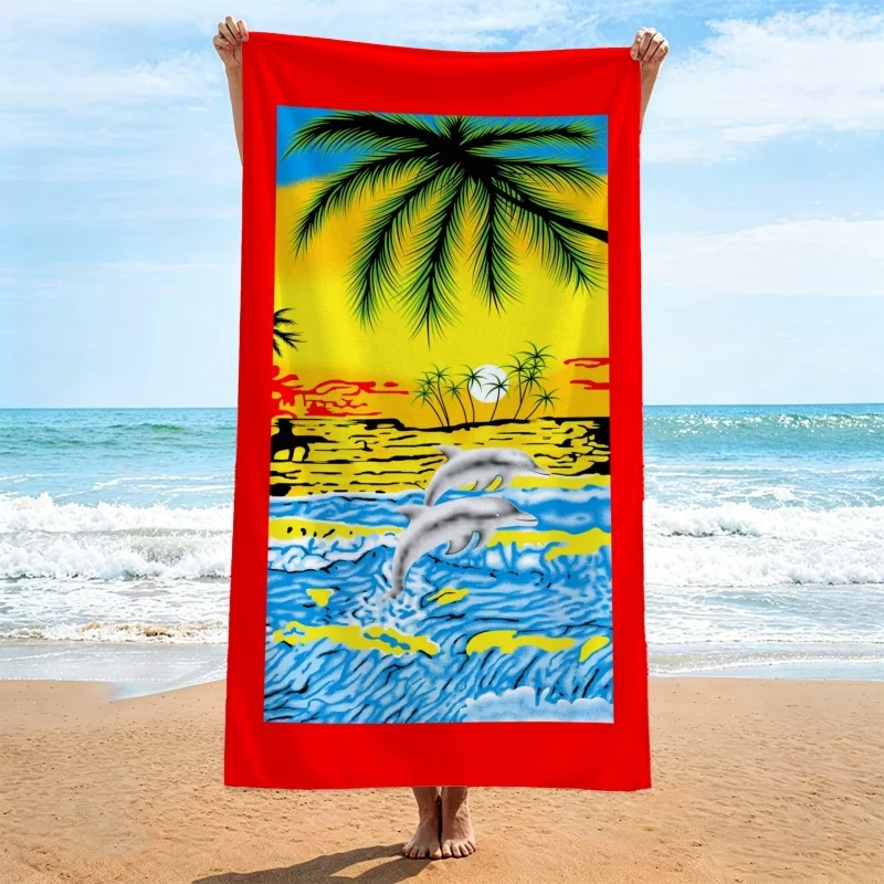 Newest Tropical Dolphin Palm Tree Print Beach Towel Large Quick Dry Swimming Towel for Summer Vacation Seaside
