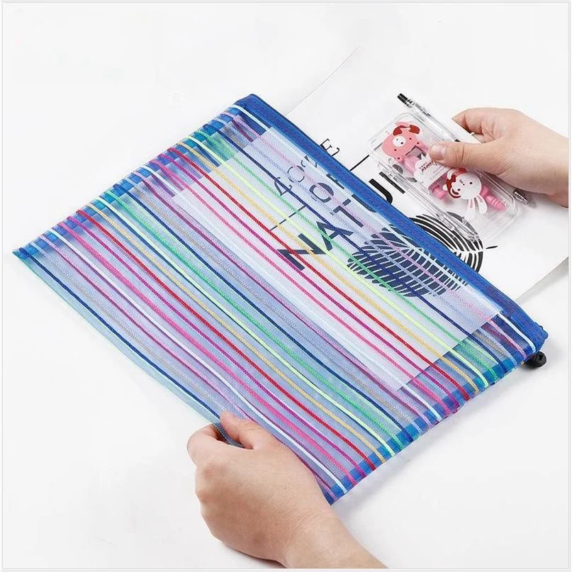 Nylon Pencil Case Simple Rainbow Color Mesh Document Bag Multicolor Zipper Stationery Bag Storage Bag Office School Supplies