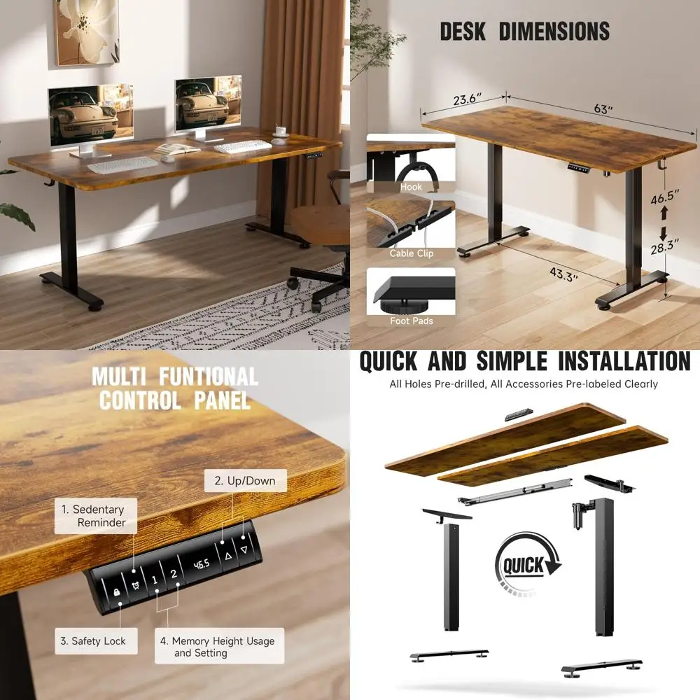 

63 Electric Height-Adjustable Desk, Standing Desk with Wooden Surface for Home and Office, Ergonomic Sit-Stand Computer Desk