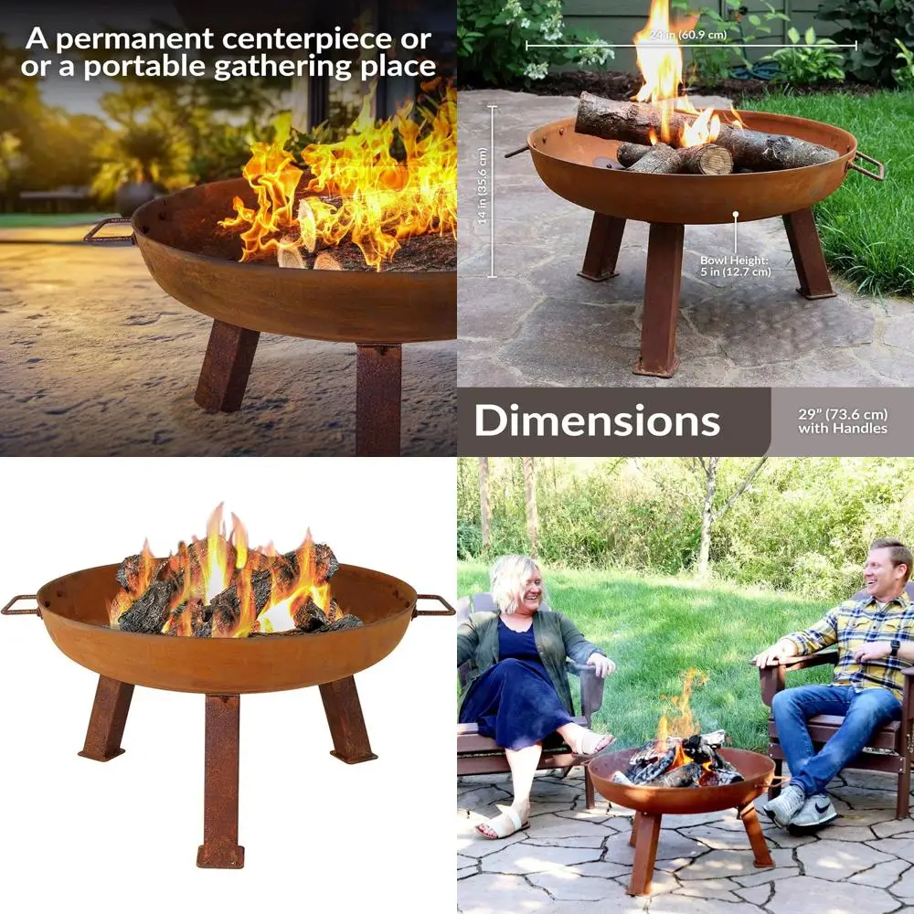 

24-дюймовая сверхмощная деревянная уличная чаша для костра с ручками - оксидированная отделка