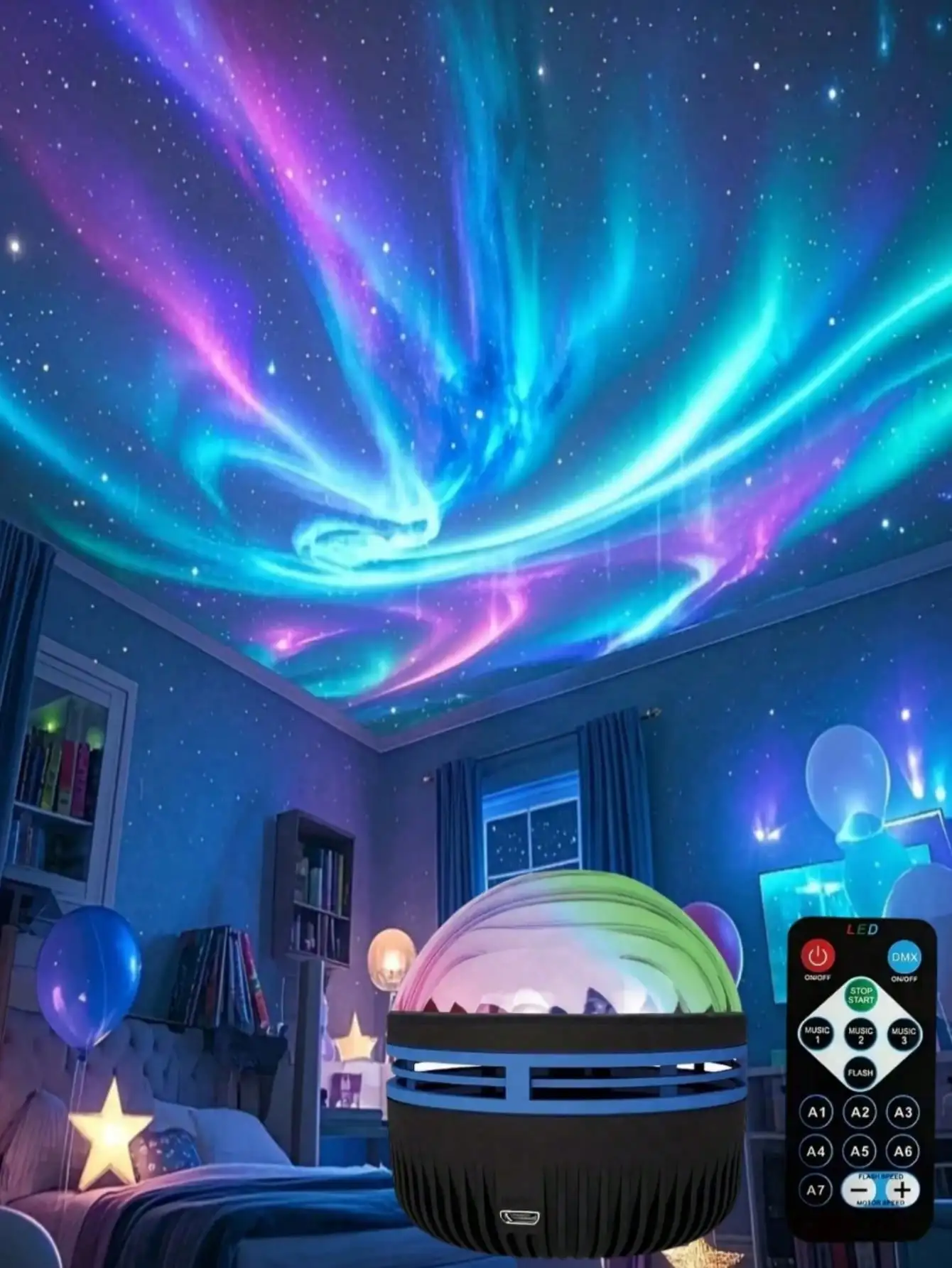 1pc 7-Color Aurora LED Projector (Remote+USB) – Milky Way Night Light for Bedroom & Music Room