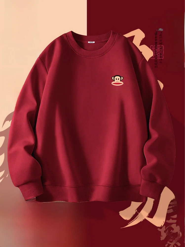 

Зимняя толстовка на флисовой подкладке, красная, новогодняя одежда, одинаковые комплекты для пар, дизайн с изображением обезьяны с большим ртом