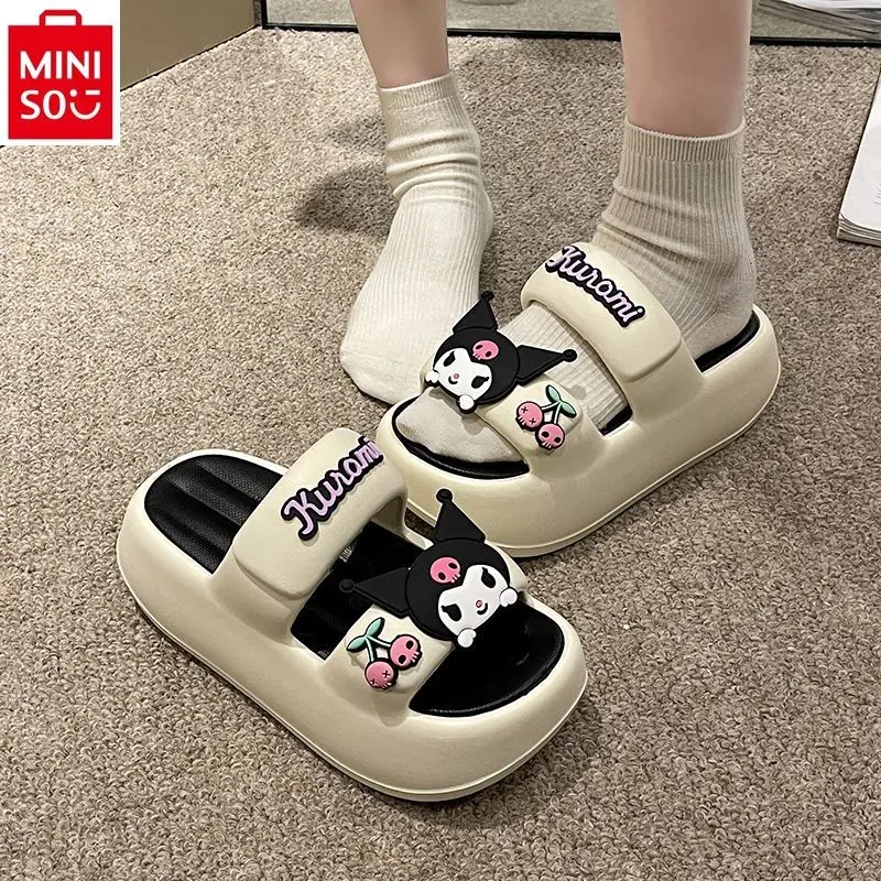 MINISO   Summer Outwear Cartoon Kuromi Thick Sole Elevated Beach Shoes for Women High Quality Anti slip and Breathable Slippers