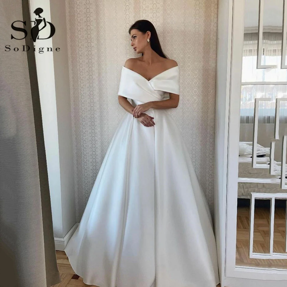 

Elegant Pleat Satin Wedding Dresses Simple Off The Shoulder Backless A-Line Bridal Gowns Custom Made Vestidos De Novia