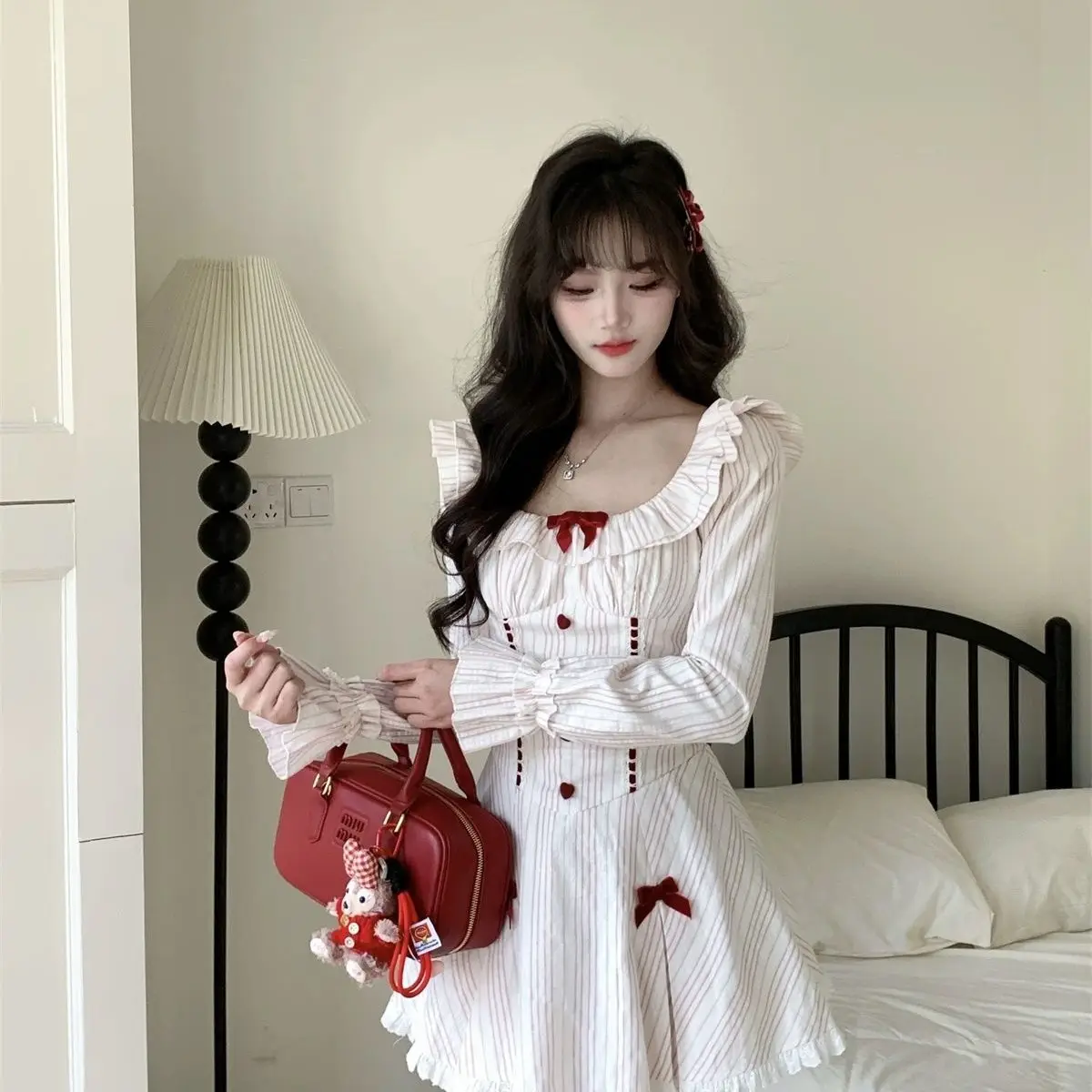 

Japanese Pure Sweet Dress Women 2025 Early Spring Bow Tie Waist Long Sleeves A-Line Short Skirt