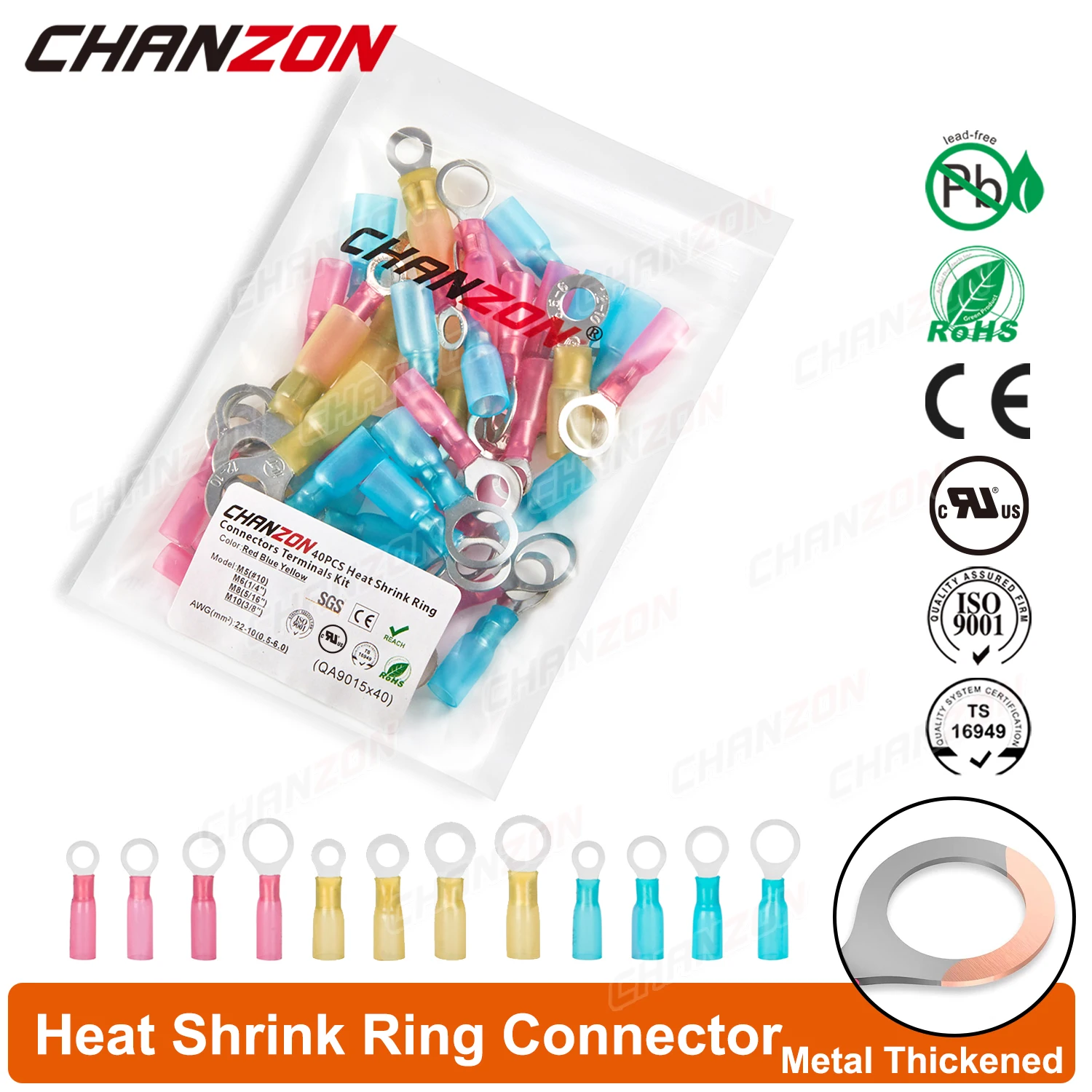 40PCS 16 Assortment Heat Shrink Crimp Ring Connectors Kit Red Blue Yellow Marine Electrical Wire Solder Terminals M5 M6 M8 M10