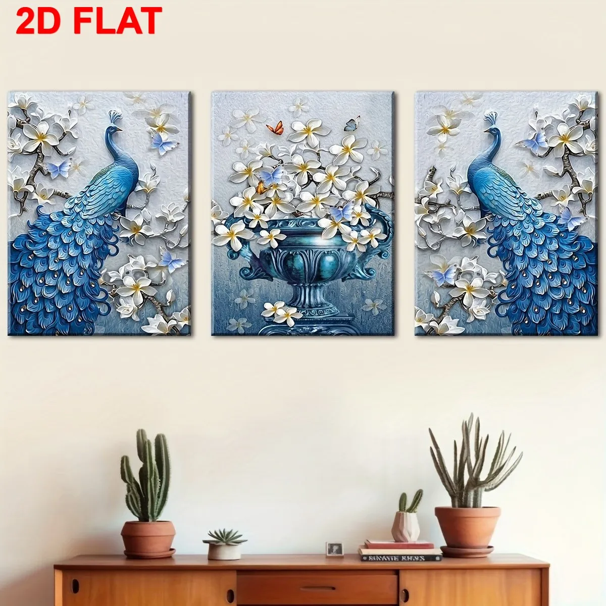 2D FLAT 3pcs  -Stunning peacock floral triptych canvas art Theme Canvas Wall Art Painting, 2D Flat, Suitable for Halloween, C