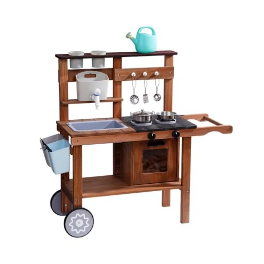 

Outdoor mud kitchen for kids with wheels, wooden playset in natural wood color featuring durable construction, spacious sink, a