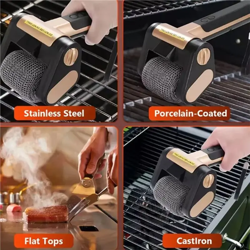 Home Cleaning Tools Electric Stainless Steel Roller Grills Cleaner Brush W/Replaceable Brush Head LED Light For BBQ-AT36